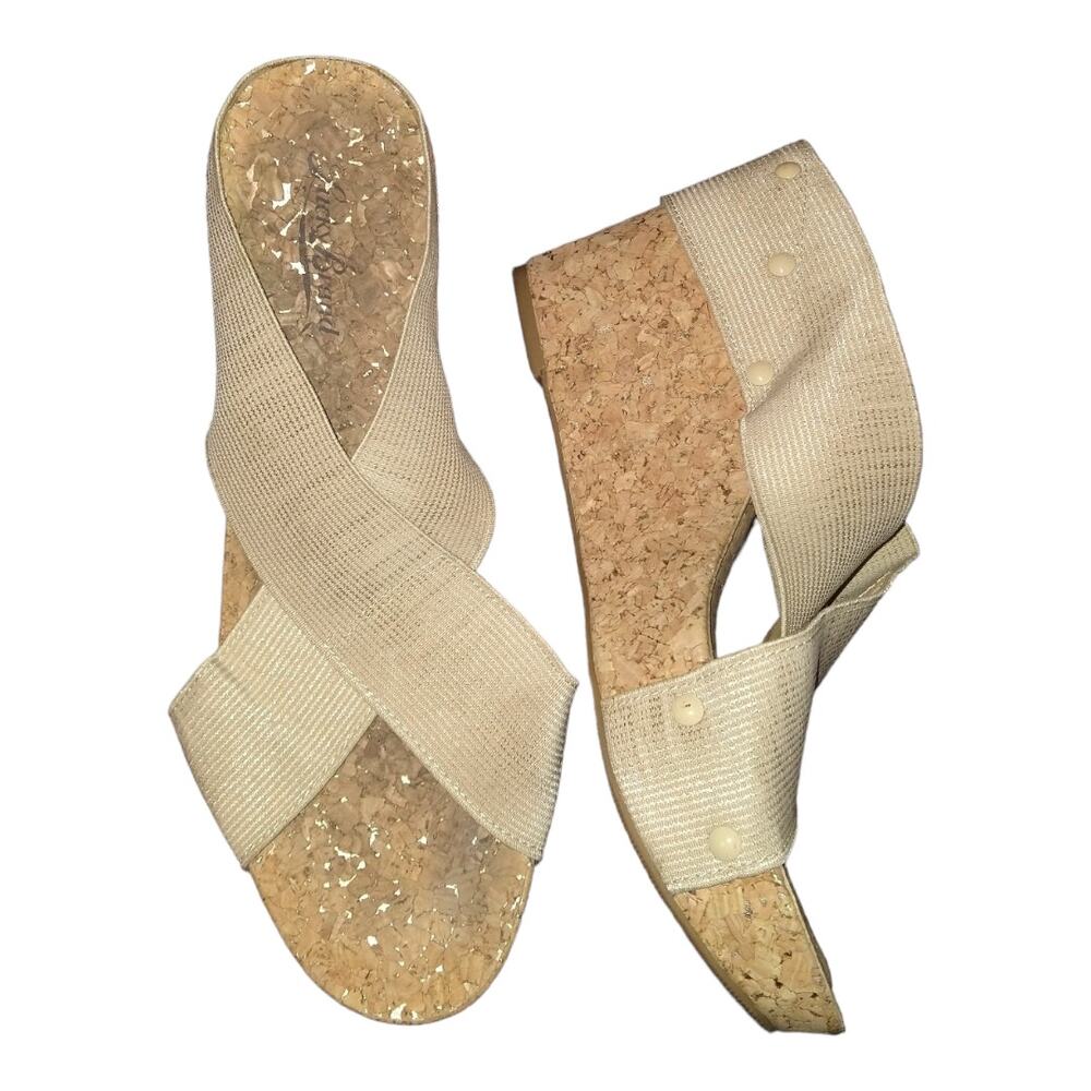 Lucky Brand Miller Gold Platform Wedges size 10 Open Toe Cork Sandals Boho